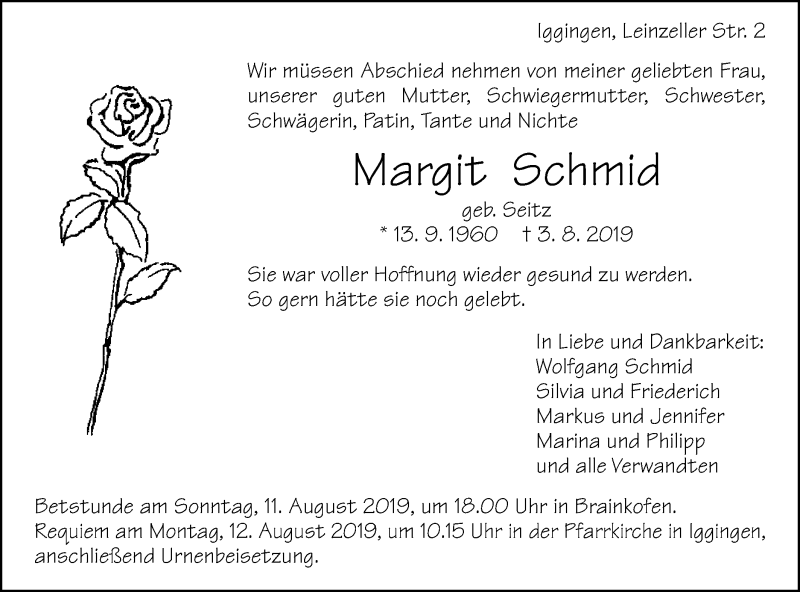  Traueranzeige für Margit Schmid vom 08.08.2019 aus Gmünder Tagespost