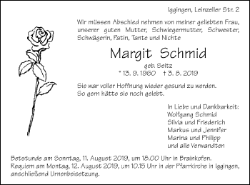 Traueranzeige von Margit Schmid