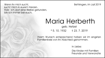 Traueranzeige von Maria Herberth von Gmünder Tagespost