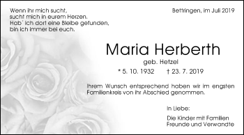 Traueranzeige von Maria Herberth