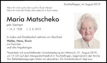 Traueranzeige von Maria Matscheko von Schwäbische Post