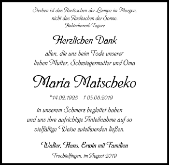 Traueranzeige von Maria Matscheko von Schwäbische Post