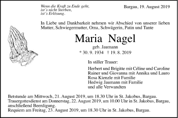 Traueranzeige von Maria Nagel von Gmünder Tagespost