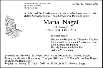 Traueranzeige von Maria Nagel