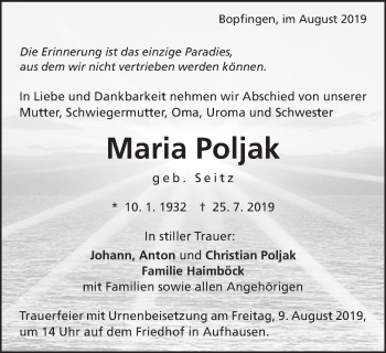 Traueranzeige von Maria Poljak von Schwäbische Post