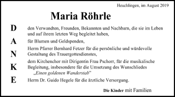 Traueranzeige von Maria Röhrle von Gmünder Tagespost