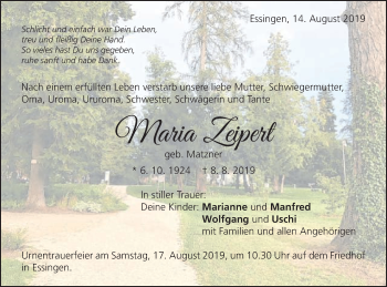 Traueranzeige von Maria Zeipert von Schwäbische Post