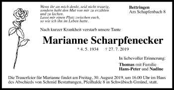 Traueranzeige von Marianne Scharpfenecker von Gmünder Tagespost