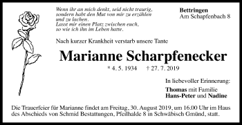 Traueranzeige von Marianne Scharpfenecker