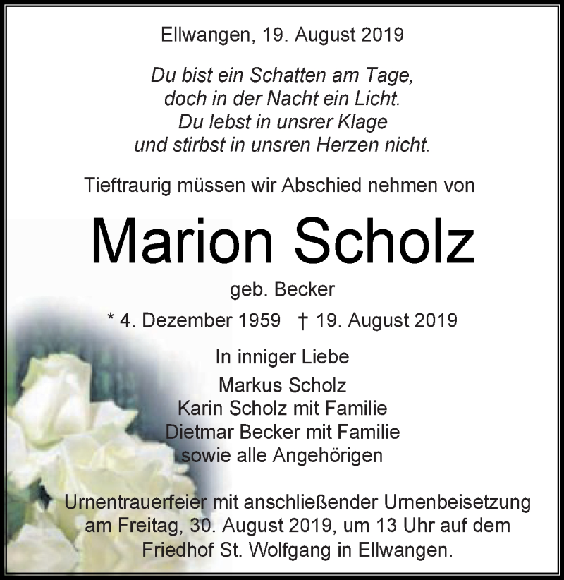  Traueranzeige für Marion Scholz vom 26.08.2019 aus Schwäbische Post