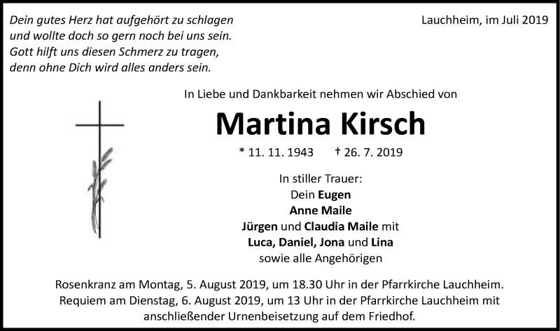  Traueranzeige für Martina Kirsch vom 03.08.2019 aus Schwäbische Post