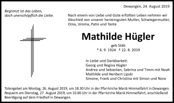 Traueranzeige von Mathilde Hügler von Schwäbische Post