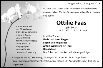 Traueranzeige von Ottilie Faas von Schwäbische Post