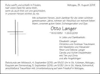 Traueranzeige von Otto Langer von Gmünder Tagespost