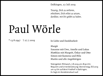 Traueranzeige von Paul Wörle von Schwäbische Post