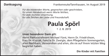 Traueranzeige von Paula Spörl von Schwäbische Post
