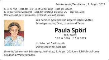 Traueranzeige von Paula Spörl von Schwäbische Post