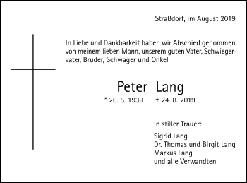 Traueranzeige von Peter Lang von Gmünder Tagespost