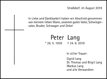 Traueranzeige von Peter Lang