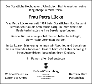 Traueranzeige von Petra Lücke von Schwäbische Post