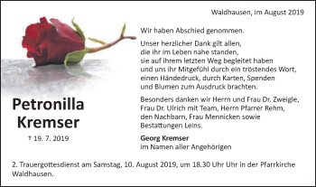 Traueranzeige von Petronilla Kremser von Schwäbische Post