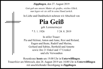 Traueranzeige von Pia Geiß von Schwäbische Post