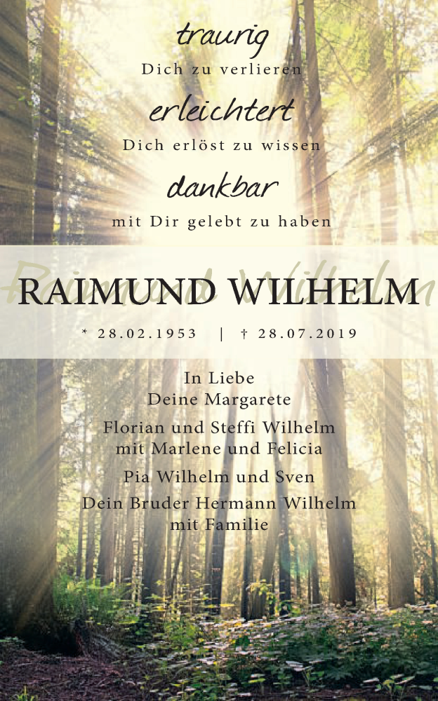  Traueranzeige für Raimund Wilhelm vom 08.08.2019 aus Schwäbische Post