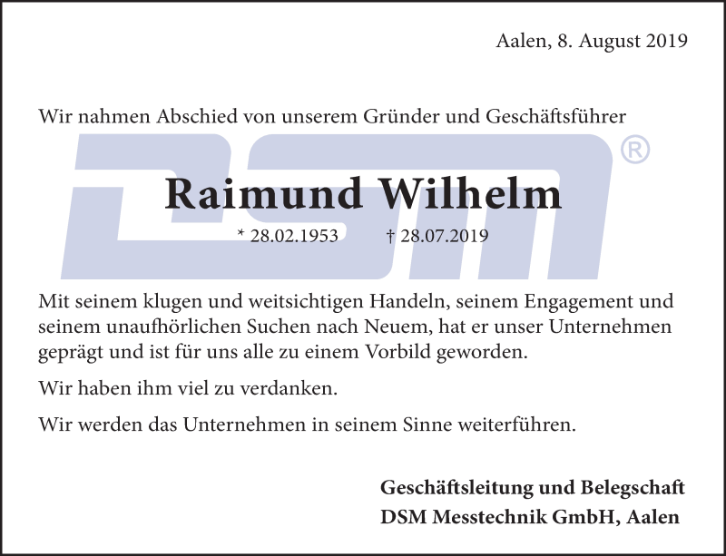  Traueranzeige für Raimund Wilhelm vom 08.08.2019 aus Schwäbische Post