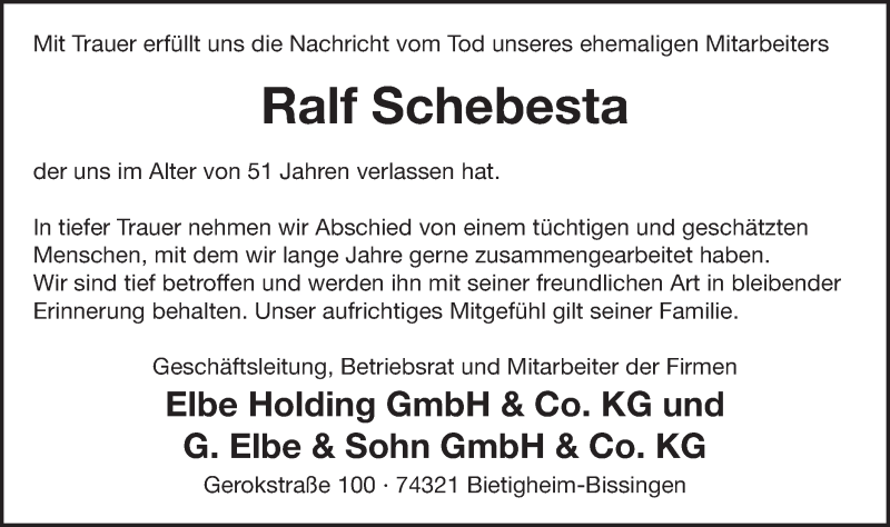  Traueranzeige für Ralf Schebesta vom 05.08.2019 aus Schwäbische Post