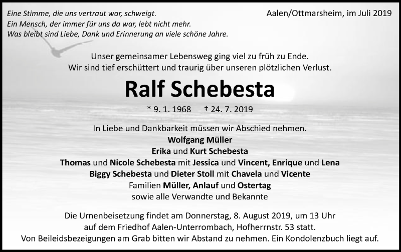  Traueranzeige für Ralf Schebesta vom 05.08.2019 aus Schwäbische Post