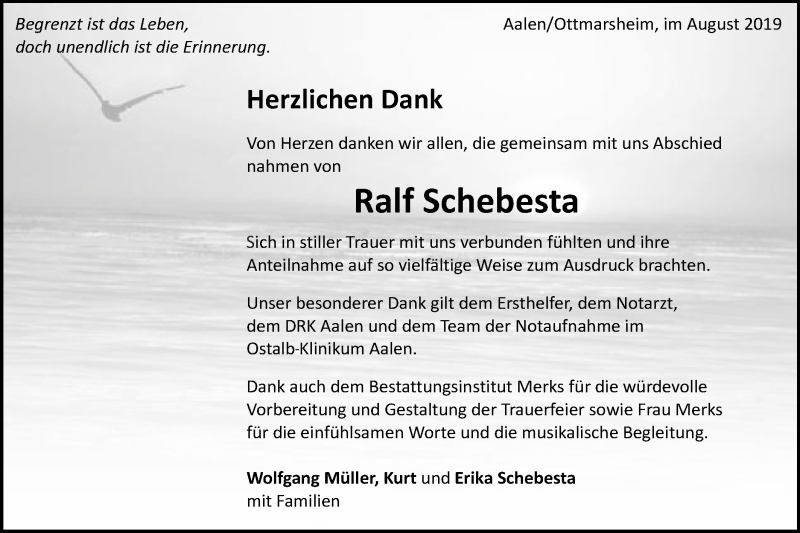  Traueranzeige für Ralf Schebesta vom 21.08.2019 aus Schwäbische Post