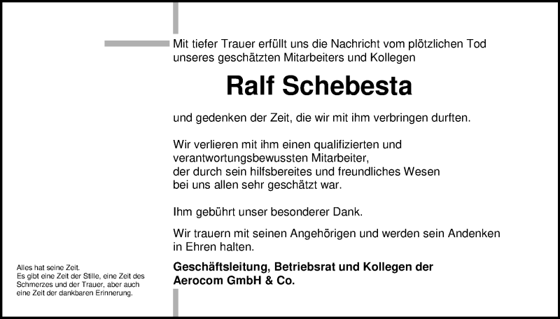  Traueranzeige für Ralf Schebesta vom 05.08.2019 aus Schwäbische Post