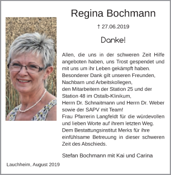 Traueranzeige von Regina Bochmann von Schwäbische Post