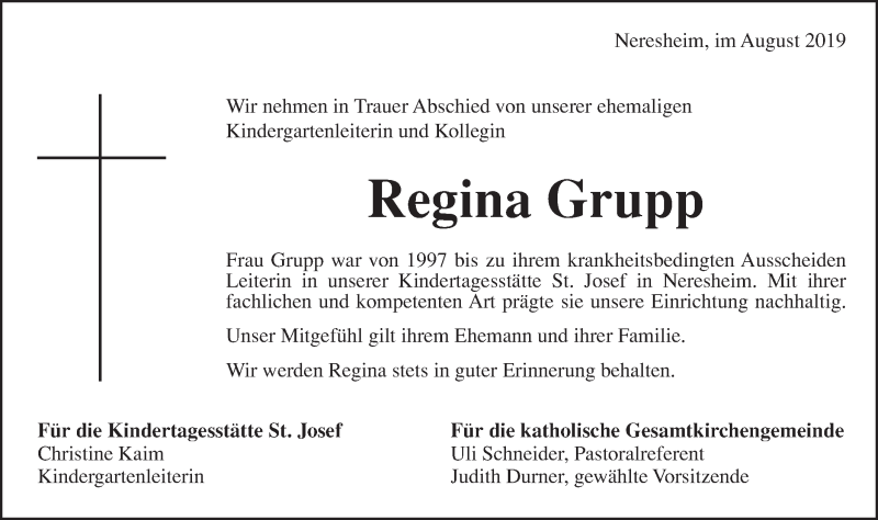  Traueranzeige für Regina Grupp vom 09.08.2019 aus Schwäbische Post