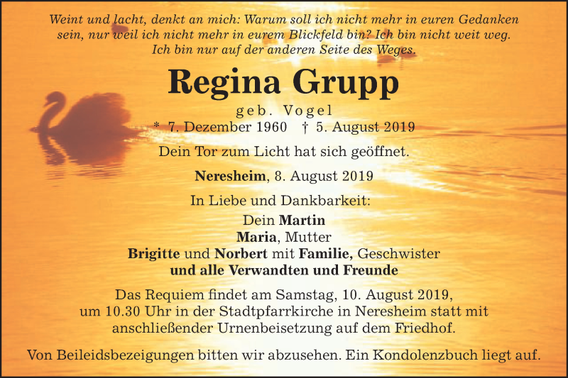  Traueranzeige für Regina Grupp vom 08.08.2019 aus Schwäbische Post
