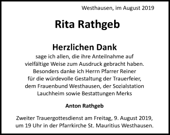 Traueranzeige von Rita Rathgeb von Schwäbische Post