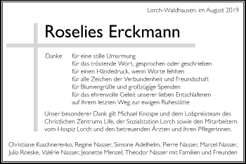 Traueranzeige von Roselies Erckmann von Gmünder Tagespost