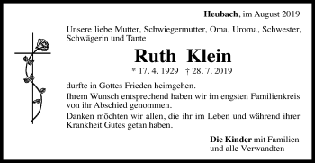 Traueranzeige von Ruth Klein von Gmünder Tagespost