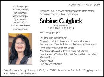 Traueranzeige von Sabine Gutglück von Gmünder Tagespost