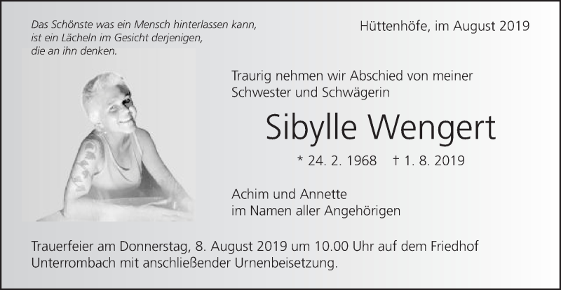  Traueranzeige für Sibylle Wengert vom 05.08.2019 aus Schwäbische Post
