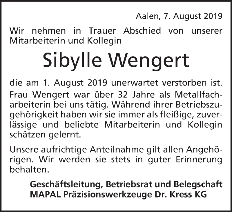  Traueranzeige für Sibylle Wengert vom 07.08.2019 aus Schwäbische Post