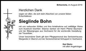 Traueranzeige von Sieglinde Bohn von Gmünder Tagespost