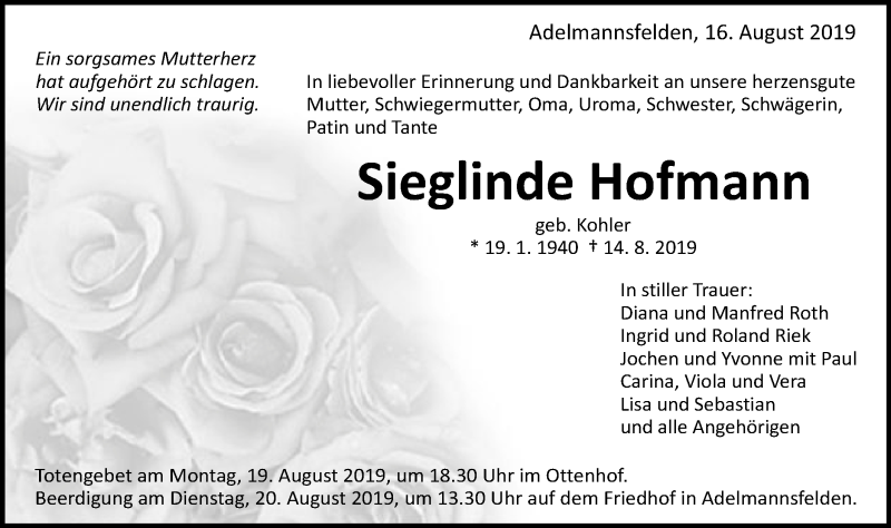 Traueranzeige für Sieglinde Hofmann vom 16.08.2019 aus Schwäbische Post