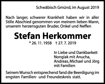 Traueranzeige von Stefan Herkommer von Gmünder Tagespost