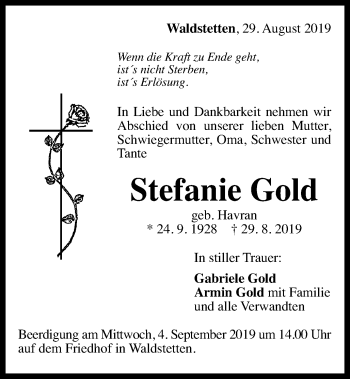 Traueranzeige von Stefanie Gold von Gmünder Tagespost