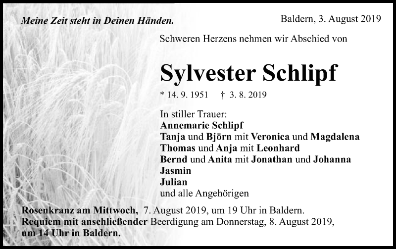  Traueranzeige für Sylvester Schlipf vom 05.08.2019 aus Schwäbische Post