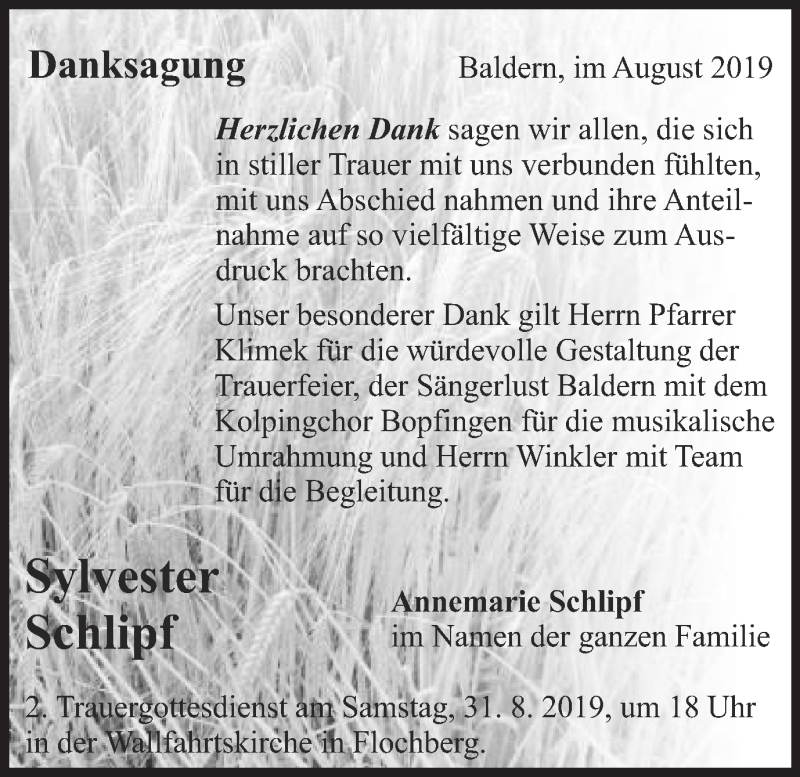  Traueranzeige für Sylvester Schlipf vom 24.08.2019 aus Schwäbische Post