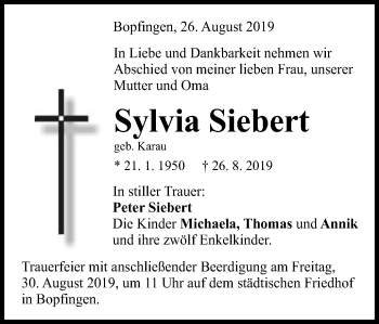 Traueranzeige von Sylvia Siebert von Schwäbische Post