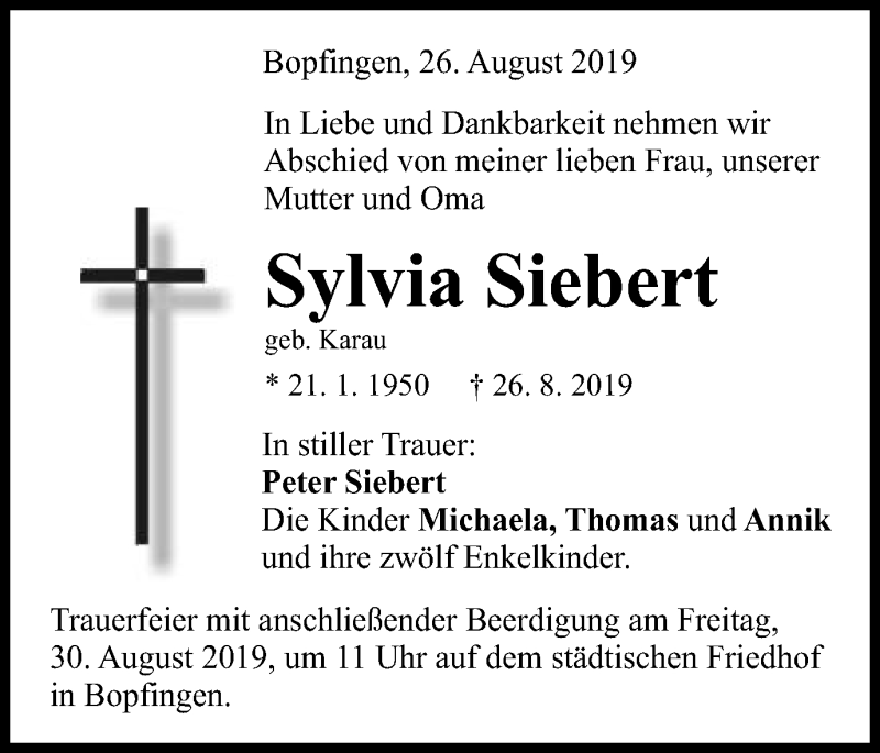  Traueranzeige für Sylvia Siebert vom 28.08.2019 aus Schwäbische Post
