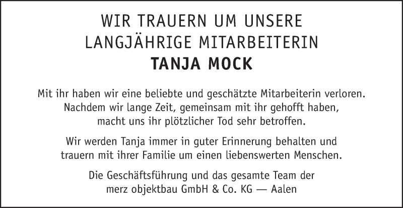  Traueranzeige für Tanja Mock vom 22.08.2019 aus Schwäbische Post